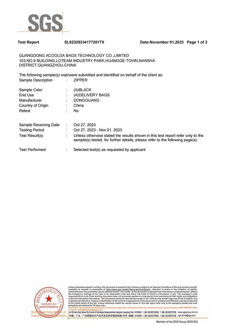 Waterproof zipper life test (10,000 cycles)